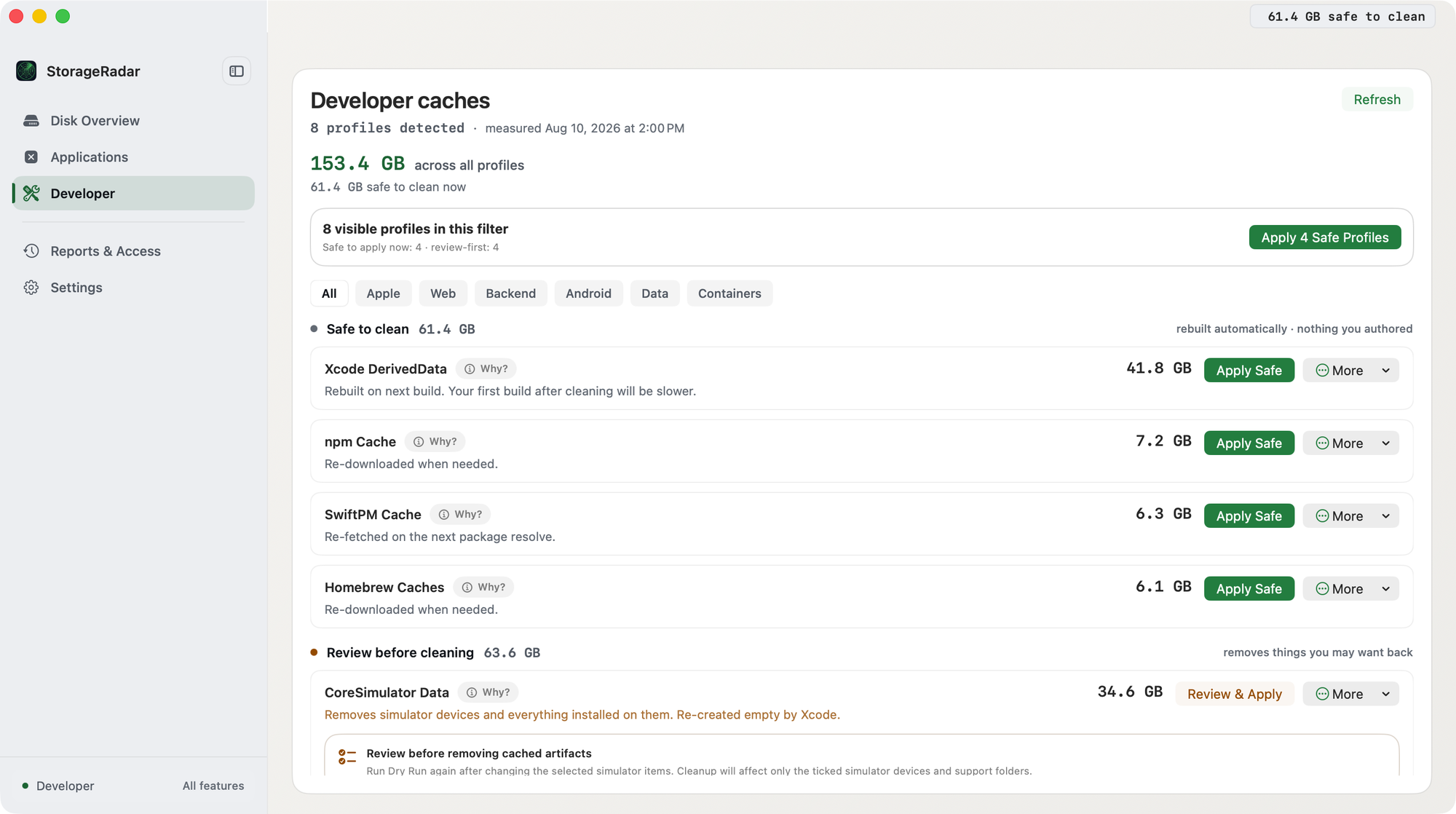 Écran Developer caches de StorageRadar avec le profil npm Cache (7,2 Go) sous Safe to clean, retéléchargé au besoin, à côté de Xcode DerivedData, SwiftPM Cache et Homebrew Caches